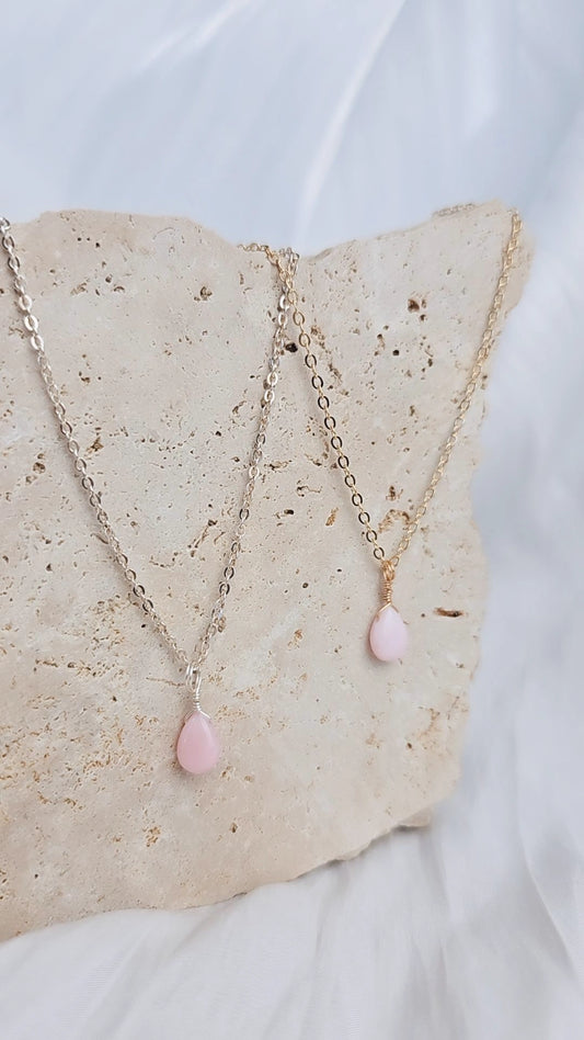 Crystal Droplet Necklace - Pink Opal