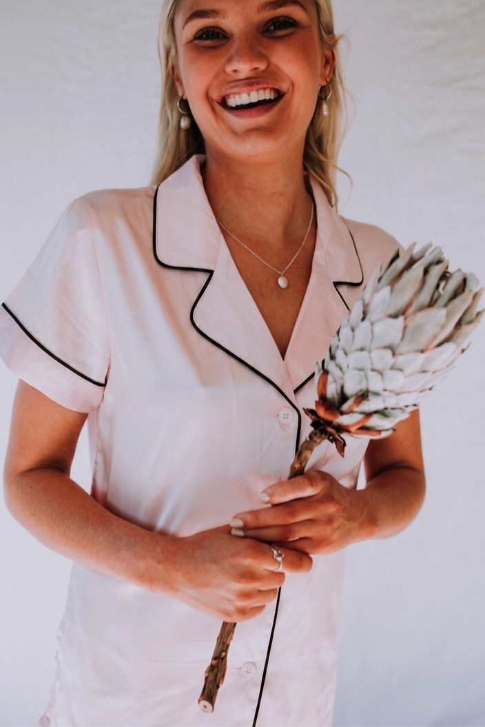 Luxe Pyjamas - Pale Pink [Black Piping]