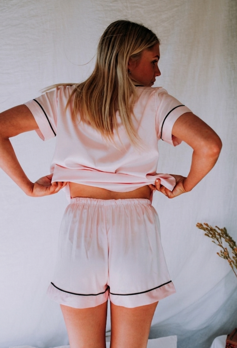 Luxe Pyjamas - Pale Pink [Black Piping]
