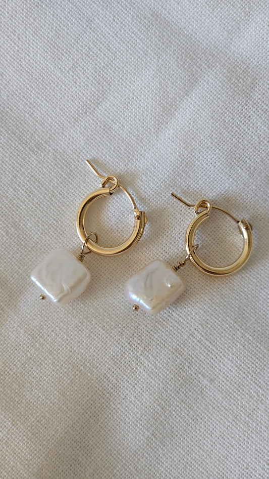 Square Baroque Pearl Hoops - 14k Gold Filled